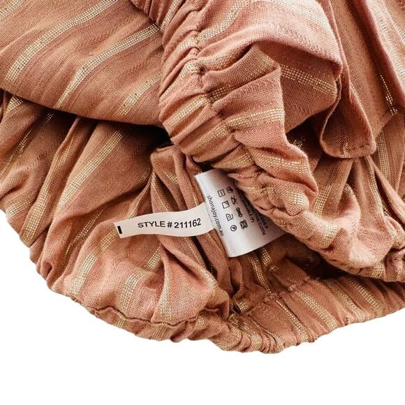 Shona Joy Crop Top Off Shoulder Size 8 Ruffle Smocked Tan Gold Stripe - Picture 4 of 5